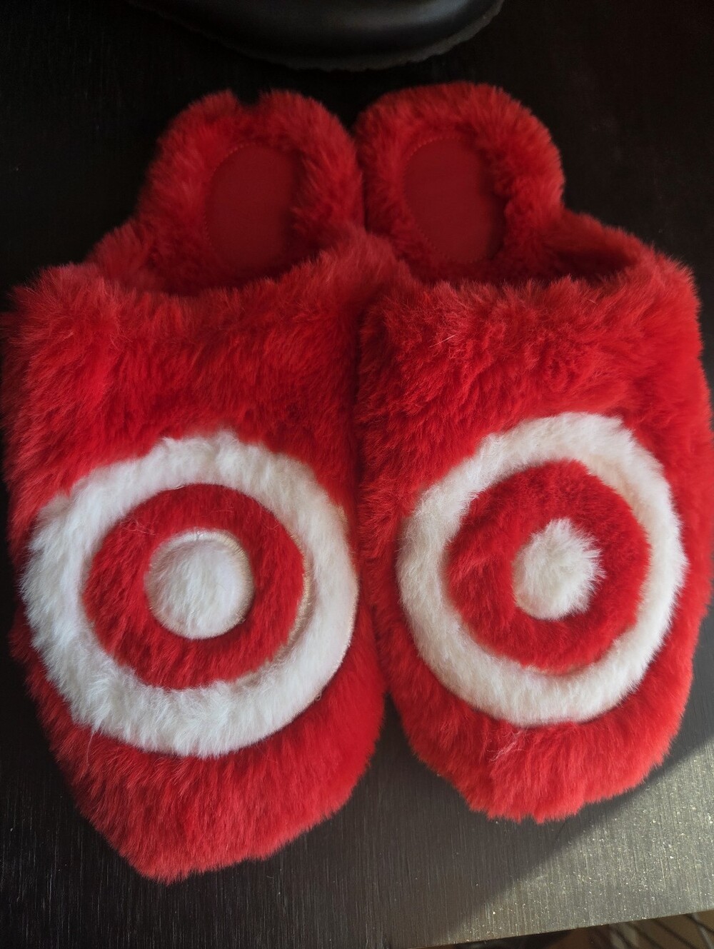 Red and White Faux Fur Target Circle Slippers Size L Womens 9/10